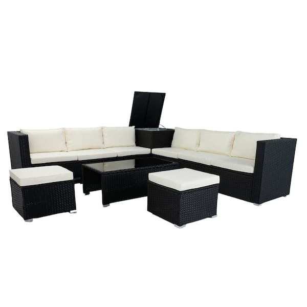 URTR 8-Piece PE Rattan Wicker Patio Conversation Set Outdoor Sectional Sofa Set with Storage Box and Ottoman, Beige Cushion