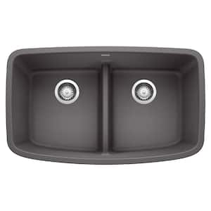 VALEA 32 in. Undermount 50/50 Double Bowl Cinder Granite Composite Kitchen Sink