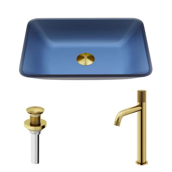 VIGO Royal Blue Sottile Matte Shell Rectangular Bathroom Vessel Sink with Apollo Faucet & Pop-Up Drain in Matte Brushed Gold