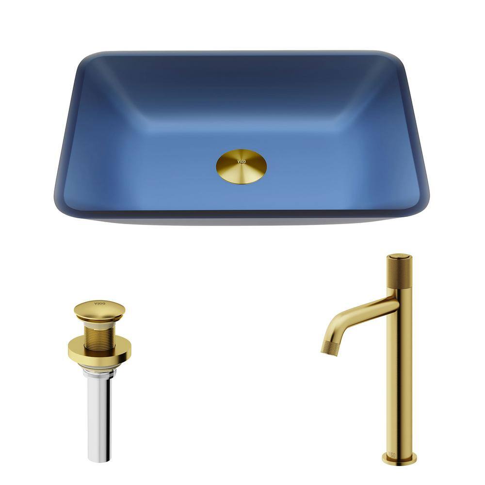 Matte Brushed Gold and Blue Glass Rectangular Vessel Sink Set