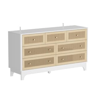 White & Wood Grain 7-Drawers 55 in. Width Wooden Dresser, Chest of Drawers, Storage Cabinet with Rattan Suraface