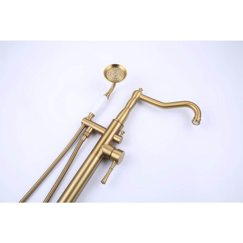 Brushed Gold Single Handle Floor Mounted Bathtub Faucet with Handheld Shower