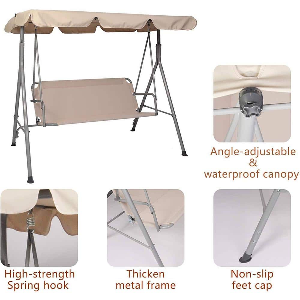 Beige Metal Porch Swing with Adjustable Canopy and Cushions