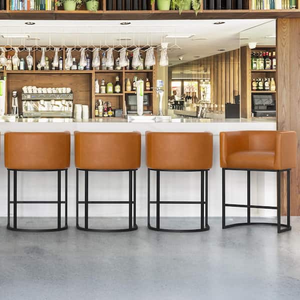 LUE BONA 26 in. Yellowish Brown and Black Low Back Bar Stool with Metal Frame Counter Height Faux Leather Counter Stool(Set of 4)