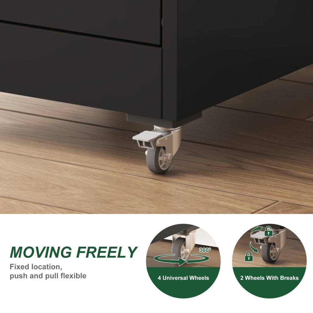 Close-up of the caster wheels on the bottom of the black file cabinet.
