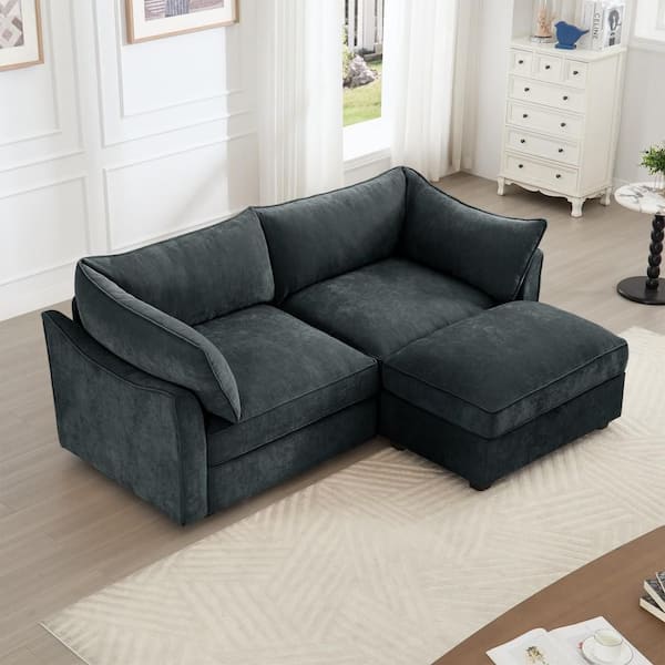 78.7 in. Wide Straight Arm Chenille L-Shaped Reclining Sofa with Pull-out Storage Drawers and Footstool in Gray