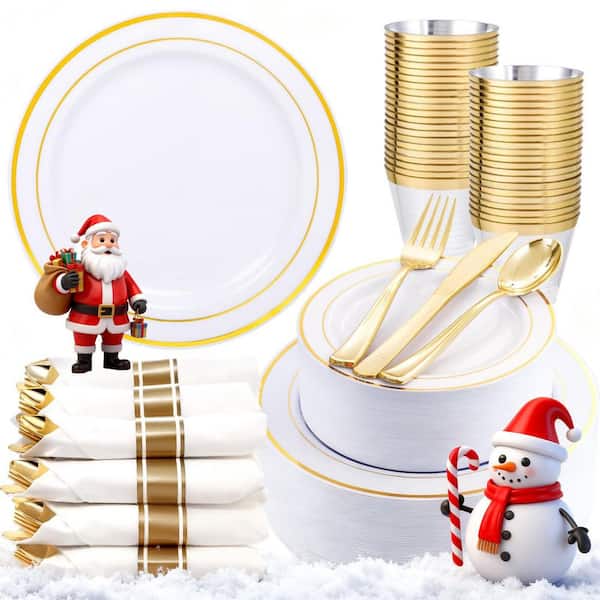 350-Piece Elegant White and Gold Plastic Dinnerware Set, Disposable Cutlery Include Plates and Napkins (Service for 50)