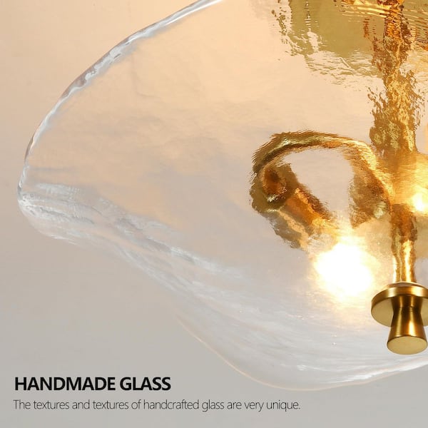 16.5 in. 2-Light Gold Semi Flush Mount Ceiling Light Fixture with Water Ripple Glass Shade and No Bulbs Included