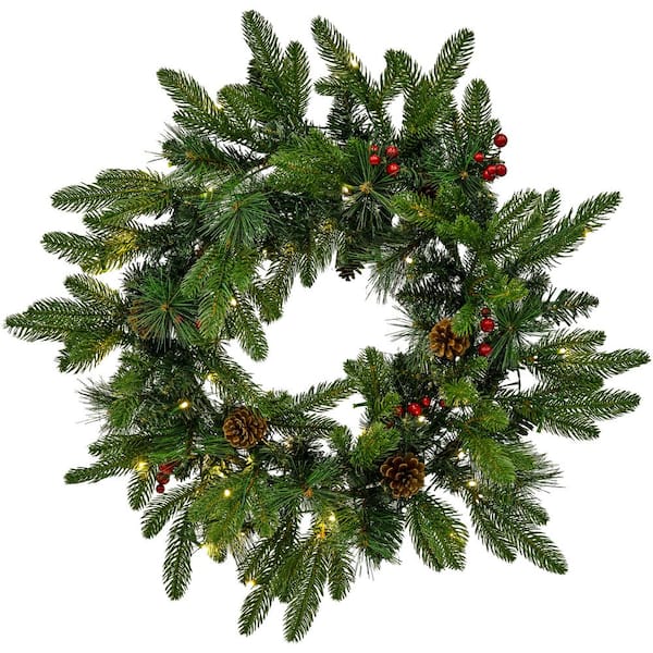 24 in. Dia Battery Operated Prelit Artificial Christmas Wreath-Traditional