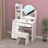 5-Drawers White Makeup Vanity Table Set with Stool Dressing Desk Vanity Wood with Round Mirror Storage Shelves