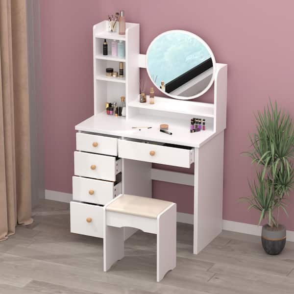 WIAWG 5-Drawers White Makeup Vanity Table Set with Stool Dressing Desk  Vanity Wood with Round Mirror Storage Shelves WFKF210095-01 - The Home Depot