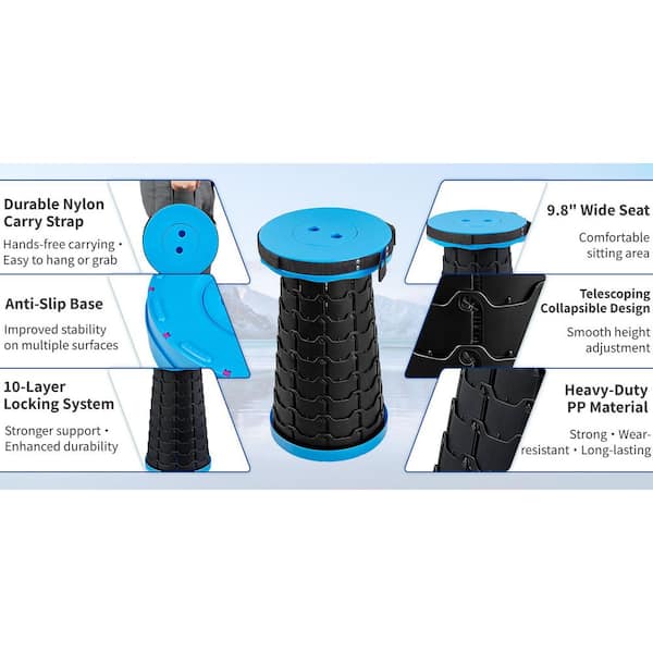Telescoping Folding Stool, Camping Round Chair with Adjustable Height - Lightweight Collapsible Seat for Outdoor Blue