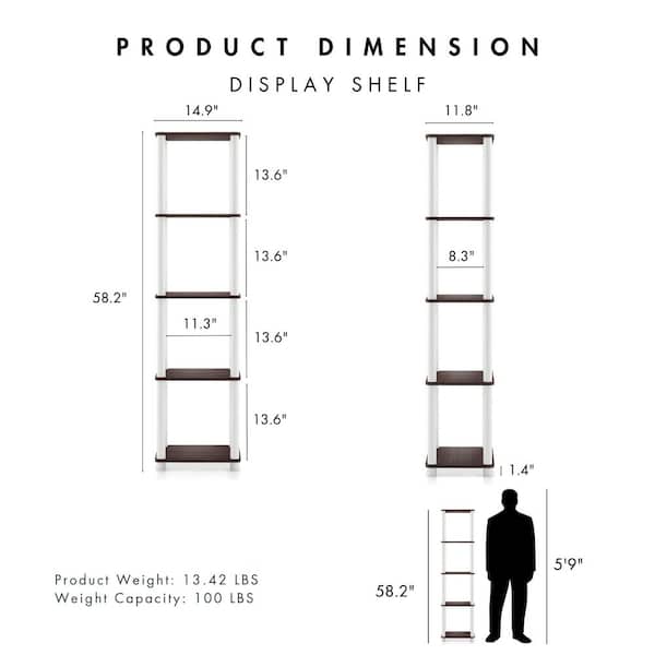 Quincy 58.2 in. Tall Espresso Engineered Wood 5-Shelf Modular Bookcase with Support Rods