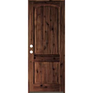 30 in. x 96 in. Rustic Knotty Alder Arch Top V-Grooved Red Mahogony Stain Right-Hand Wood Single Prehung Front Door