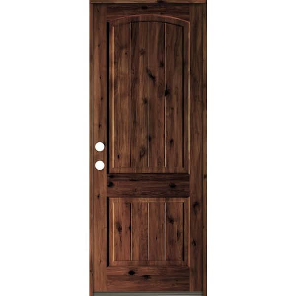 Krosswood Doors 32 in. x 96 in. Rustic Knotty Alder Arch Top V-Grooved Red Mahogony Stain Right-Hand Wood Single Prehung Front Door