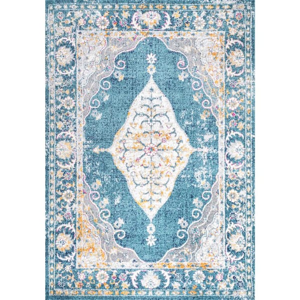 Zelda Bohemian Cottage Turquoise/Gray 9 ft. x 12 ft. Medallion Area Rug