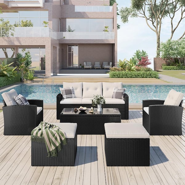 Tenleaf 6-Piece Black All-Weather Wicker Patio Conversation Set with ...