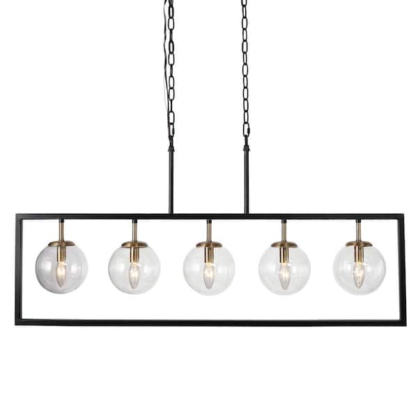 5-Light Black and Brass Linear Chandelier with Clear Glass Shades