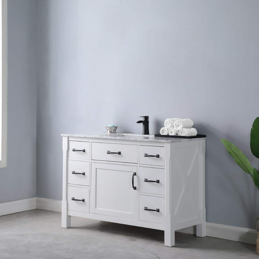 Maribella 48" White Marble Single Vanity with Black Hardware