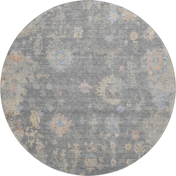 Mayfield Premium Machine Washable Abstract AMF2302 Gray 8 ft. x 8 ft. Round Rug