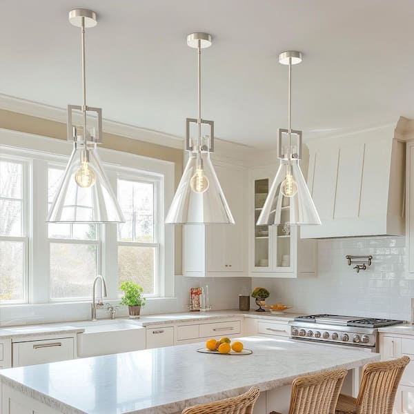 14 in. 1-Light Modern Cone Brushed Nickel Pendant Light with Clear Glass Shade for Kitchen Island