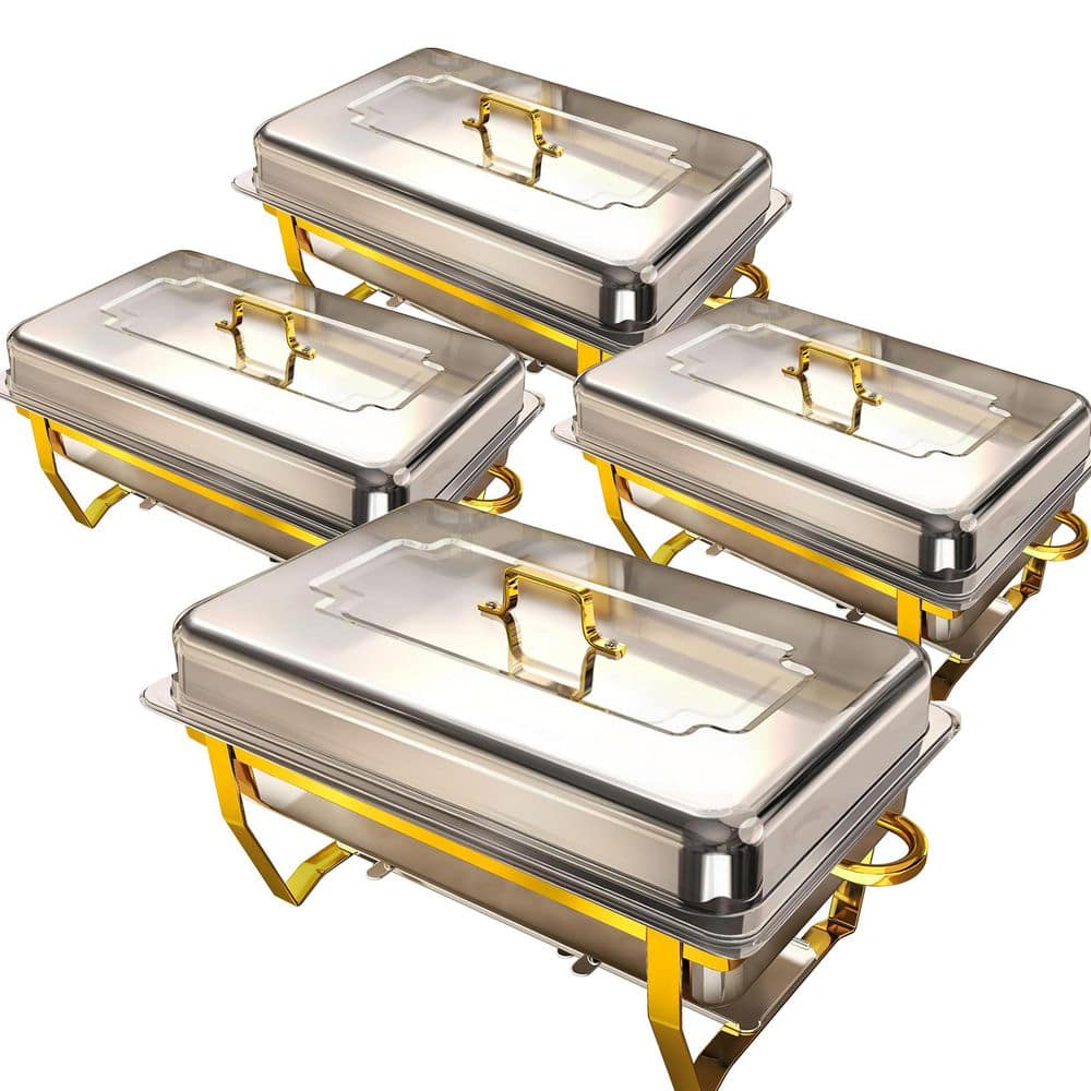 Elegant Series 9 qt. Gold and Silver Stainless Steel Chafing Dish Buffet Set with Roll Edge Safety Party Warmer 4 Pack