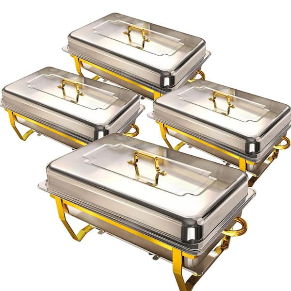 Elegant Series 9 qt. Gold and Silver Stainless Steel Chafing Dish Buffet Set with Roll Edge Safety Party Warmer 4 Pack