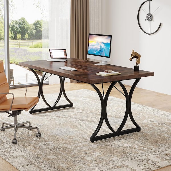 BYBLIGHT Moronia 62.9 in. Rectangular Brown and Black Engineered Wood Computer Desk
