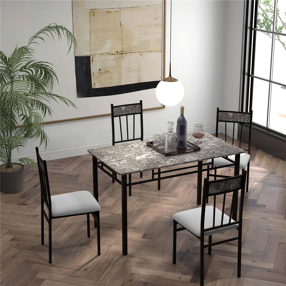 Modern 42" Rectangular Faux Marble Dining Set with 4 Grey Upholstered Chairs