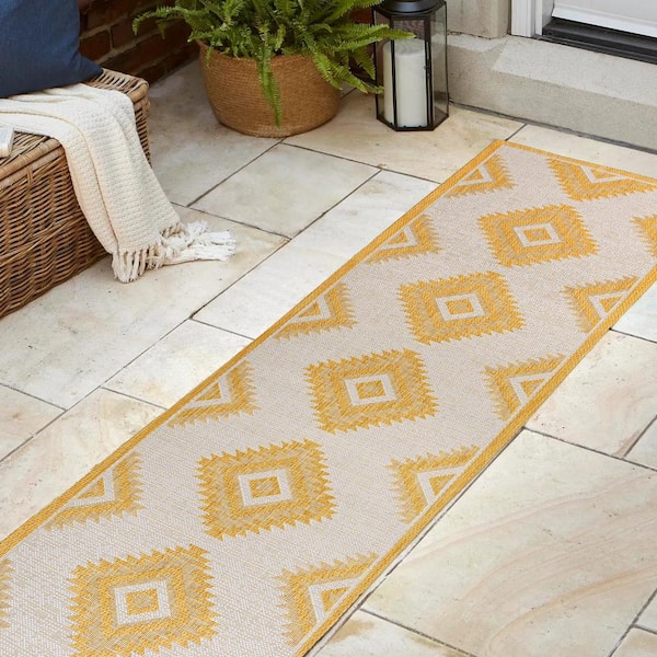 Lior Geometric Yellow/Cream 2 ft. x 8 ft. Moroccan Diamond Indoor/Outdoor Runner Rug