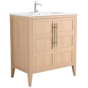 Leafside 30 in. Freestanding Sand Oak Bath Vanity with White Ceramic Sink Top Assembled