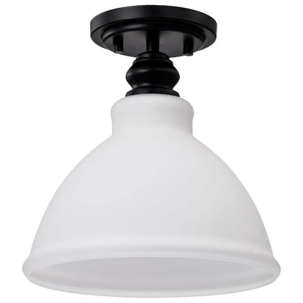 SATCO Russel 10 in. 1-Light Matte Black Semi-Flush Mount Satin White Glass Shade