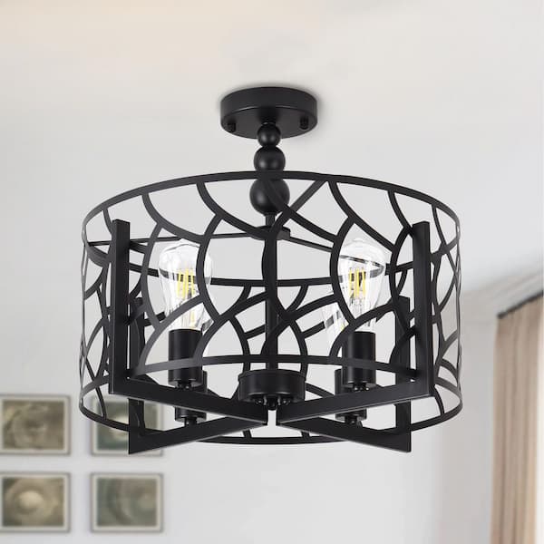PAKOKULA Industrial 18.9 in. 4-Light Black Cage Farmhouse Semi-Flush Mount Ceiling Light for Entryway Hallway
