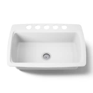 Cape Dory Undermount Cast Iron 33 in. 5-Hole Single Bowl Kitchen Sink in White