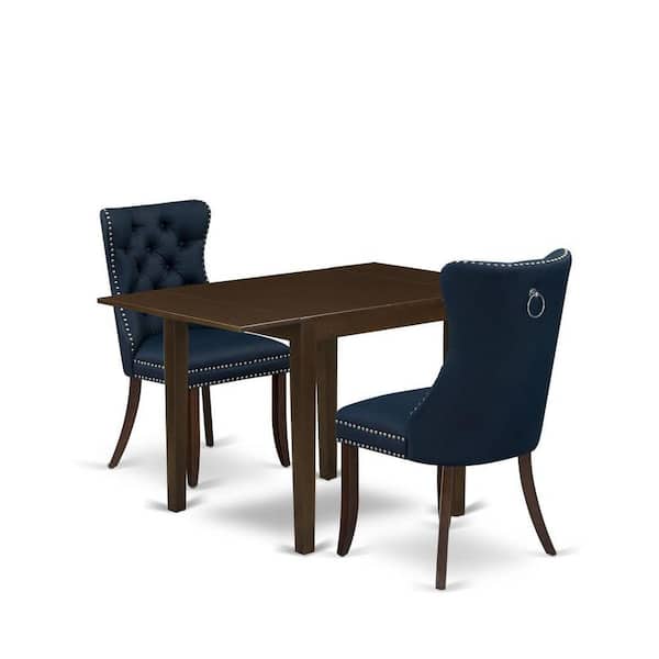 East West Furniture 3-Piece Mahogany Finish Rectangular Solid Wood Top with Dropleaf Dining Table Set