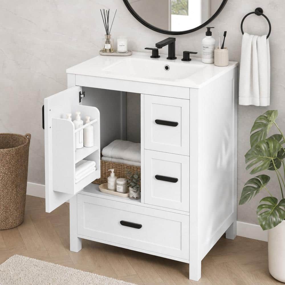 24 in. W White Freestanding Door Shelves & Drawer Bathroom Vanity With Ceramic Top price history on PriceWatchPro