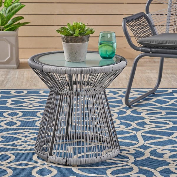 Noble House Milan Gray and White Round Wicker Outdoor Side Table with