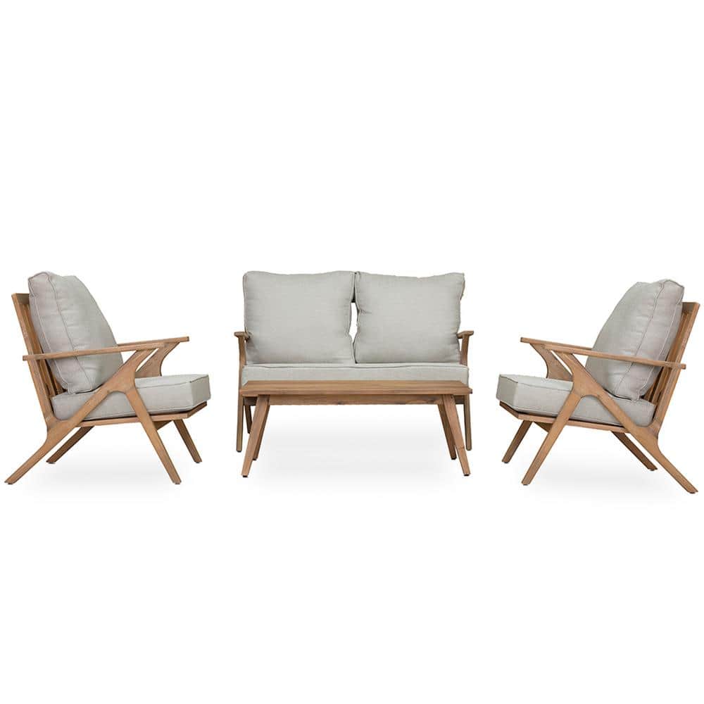 4-Piece Acacia Wood Outdoor Patio Conversation Set with Grey Cushions, Back