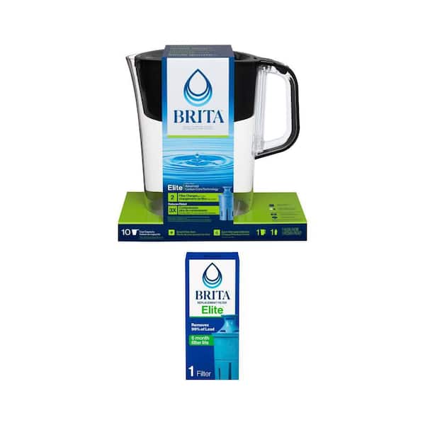 Tahoe 10-Cup Water Filter Pitcher in Black with 1-Elite Filter and Elite Replacement Filter, BPA Free (1-Pack)