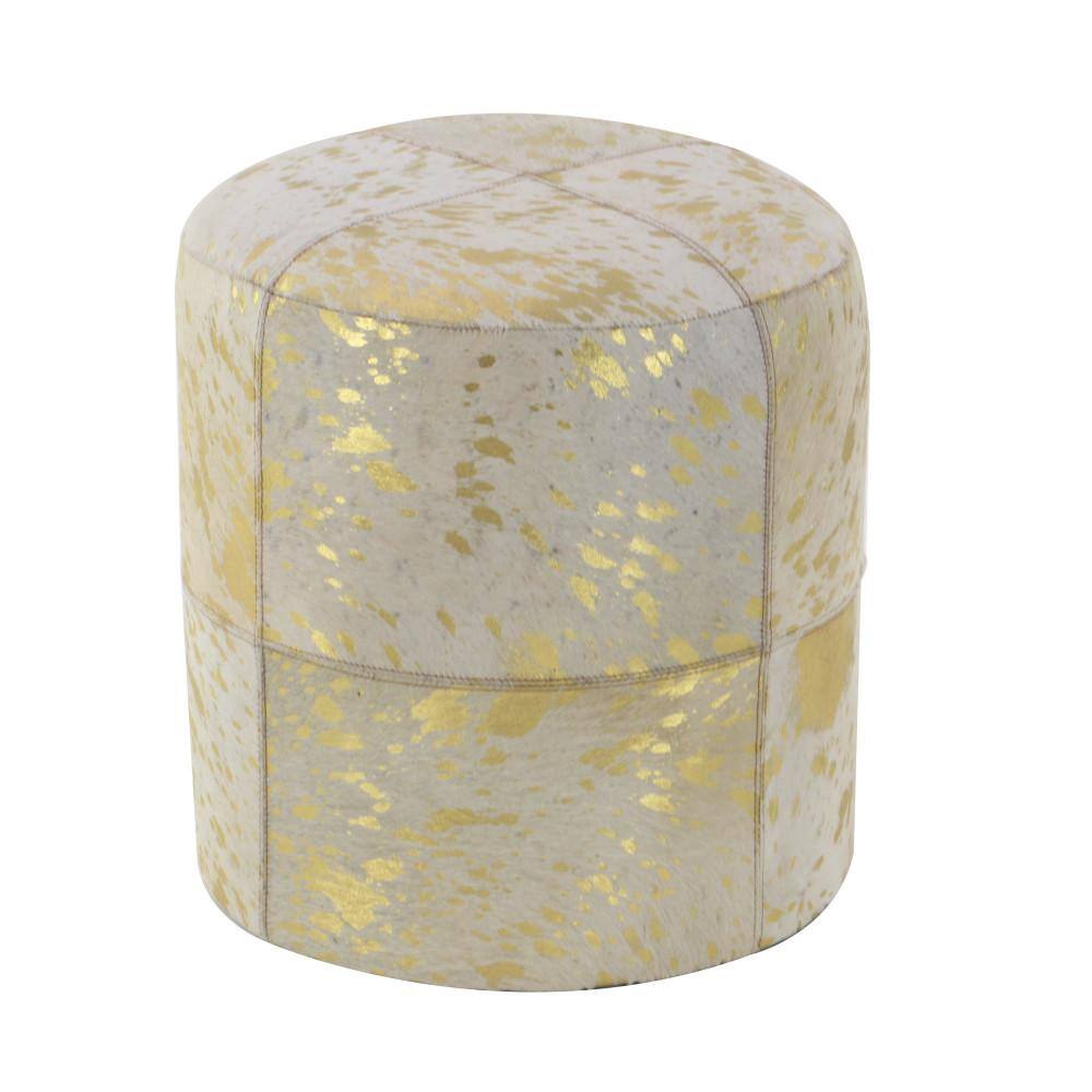 Elegant Gold Leather Round Pouf with Handmade Patchwork Design