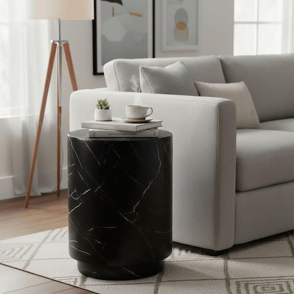 Ramble 14 in. Wide Round Side Table End Table in Fiberstone for Indoor and Outdoor Use in Black Marble