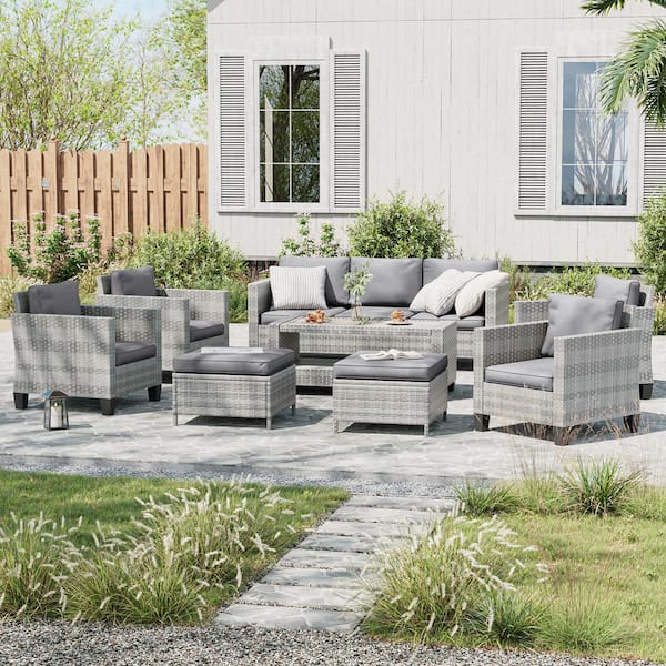 8-Piece Gray Wicker Patio Sofa Set Outdoor Furniture Set with Ottomans and Coffee Table, Gray