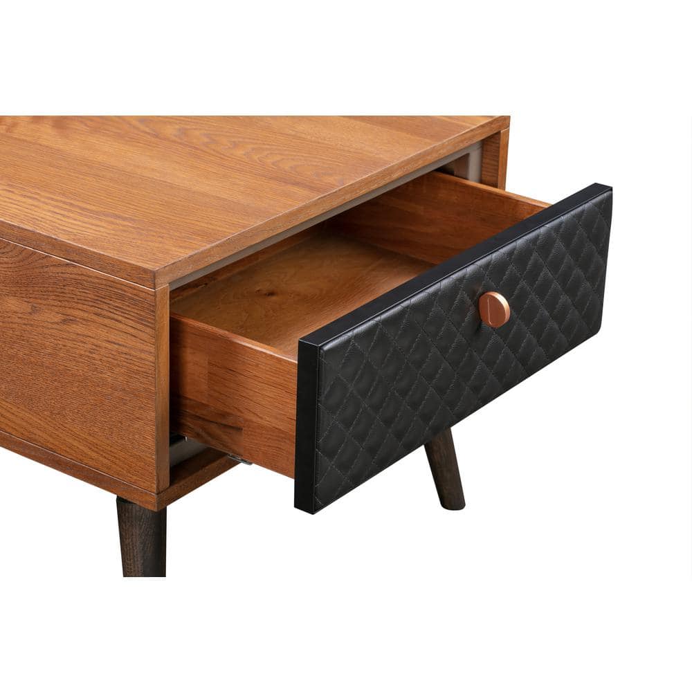Rustic Oak & Black Leather Tufted 1-Drawer Nightstand