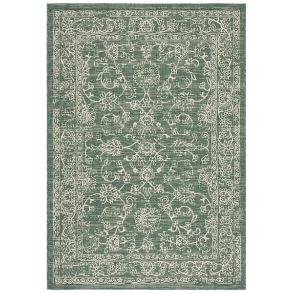 Courtyard Dark Green/Beige 2 ft. x 4 ft. Border Antique Floral Indoor/Outdoor Area Rug