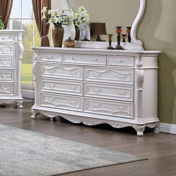 Furniture of America Feliciano White 9-Drawer 70.5 in. Dresser with Felt Lined Top Drawer and Carved Details