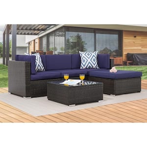 5-Piece Wicker Patio Conversation Sectional Seating Set with Navy Blue Cushions