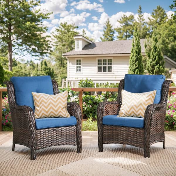 ArcoBay Metal and Brown Wicker Outdoor Lounge Chair with Olefin Navy Blue Cushions (2-Pack)