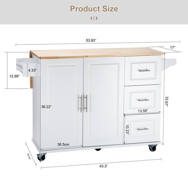 White Wood 53.9 in. Kitchen Island with extensible Rubber Wood Table Top with 3-Big Drawers LH-656