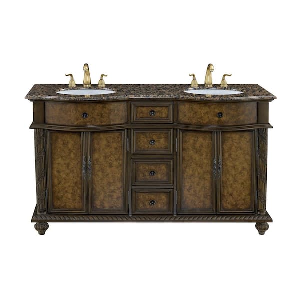 stufurhome Amelia 60 in. W x 22 in. D x 36 in. H Double Sink Vanity in Walnut with Granite Vanity Top in Baltic Brown
