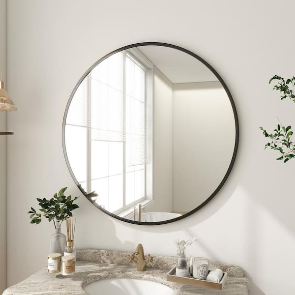 GLSLAND 24 in. W x 24 in. H Round Metal Framed Wall Bathroom Vanity Mirror Black